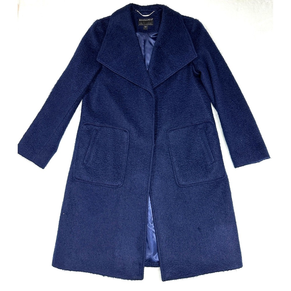 Bernardo Textured Wool Blend Coat Womens Sz Large Long Shawl Collar Luxury Navy - Picture 2 of 11